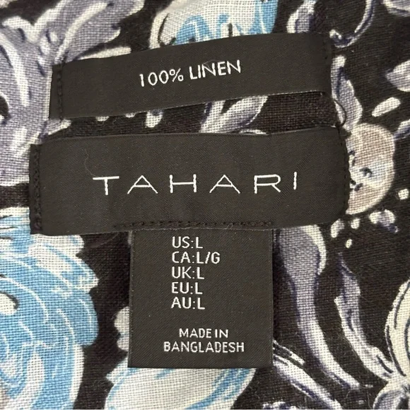TAHARI Womens Linen Floral Button Up Top Size Large Black Blue Office Career - Picture 3 of 8